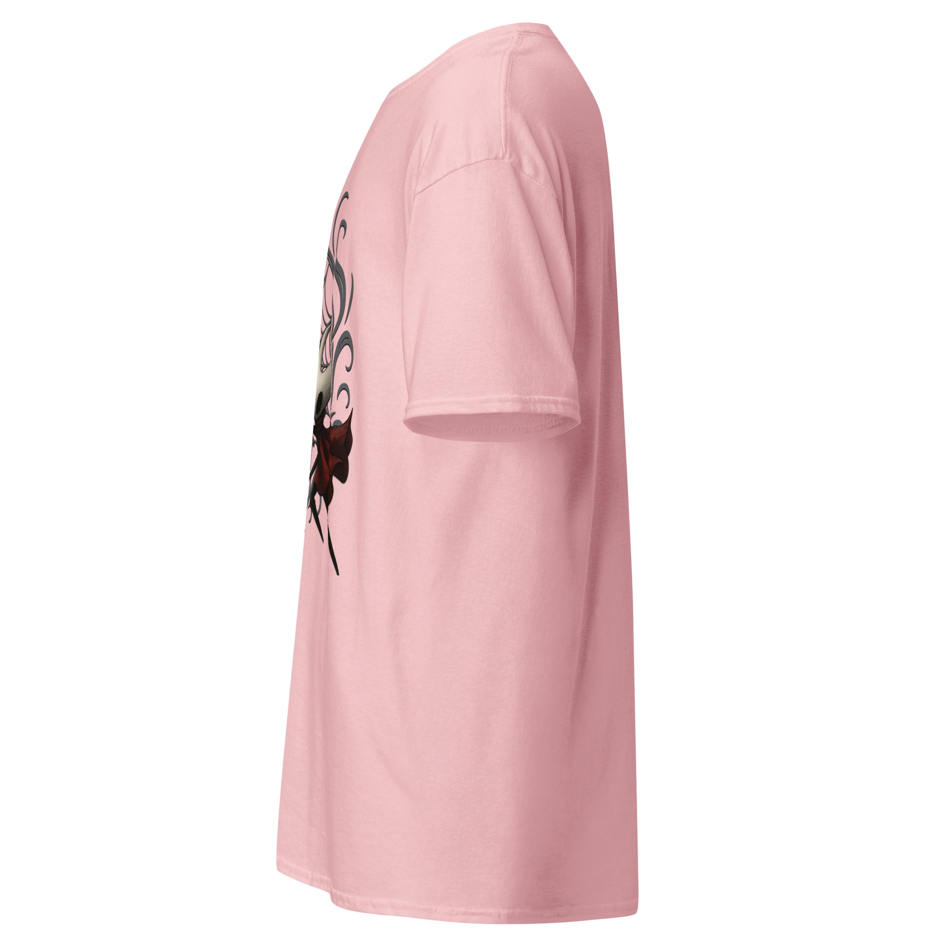 side view of Light pink Hollow Knight Silksong Duel in the Web graphic t-shirt inspired by Hollow Knight Silksong.