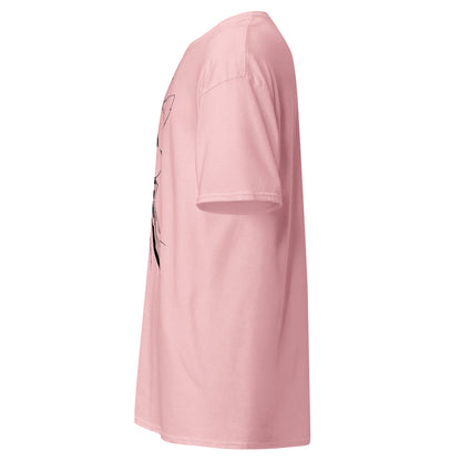 Left side view of the light pink Nine Sols Silent Resolve Taopunk Portrait T-Shirt with partial front portrait visible along the side