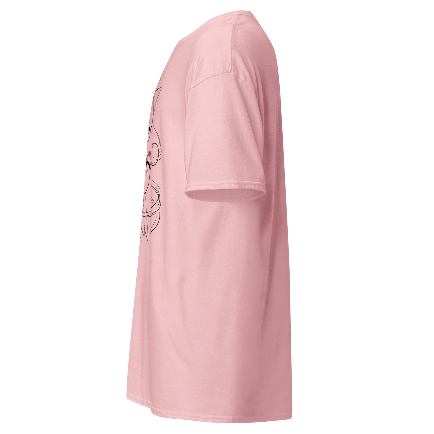 Left side view of the light pink Nine Sols Orbiting Focus Taopunk Motion graphic tee with partial front design visible along the side
