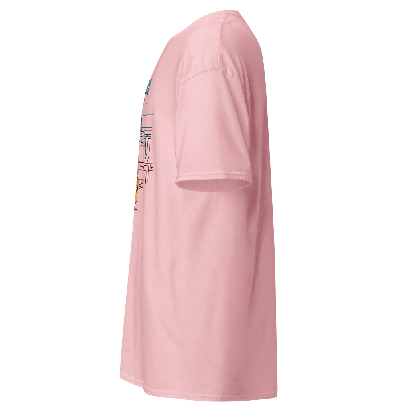Left side view of the Light pink Nine Sols Taopunk Tee Shrine of Silent Presence with partial front design visible along the side