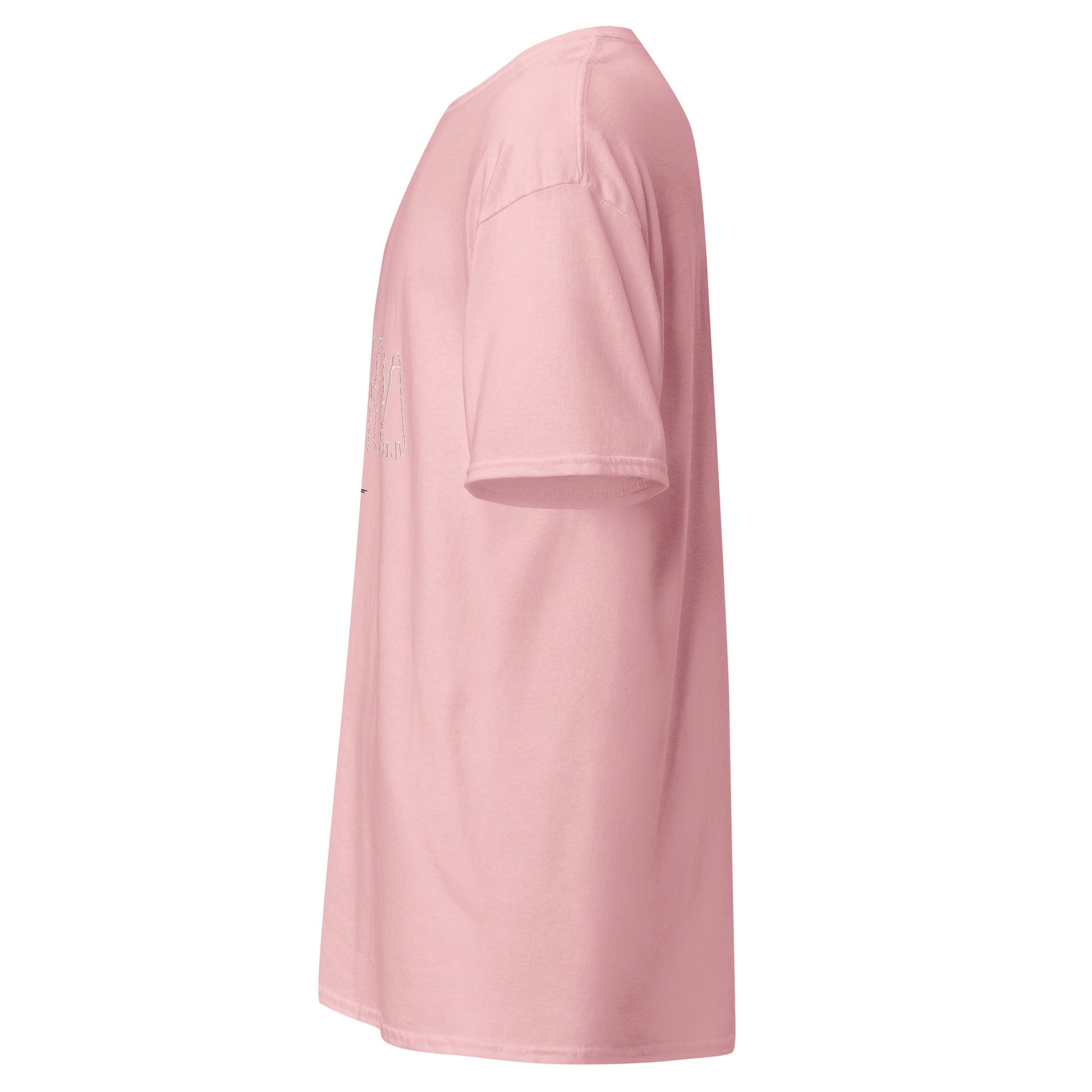 Left side view of the light pink Nine Sols Under the Golden Sol character tee with partial front design visible along the side