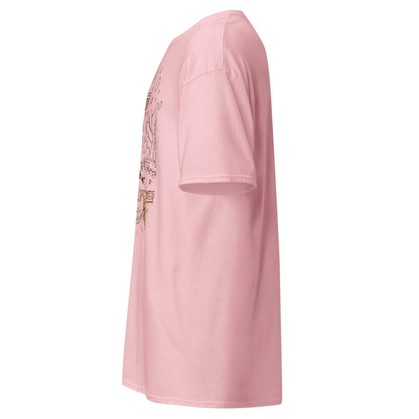 Left side view of the light pink Nine Sols Butterfly Tee Golden Echo with partial front design visible along the side