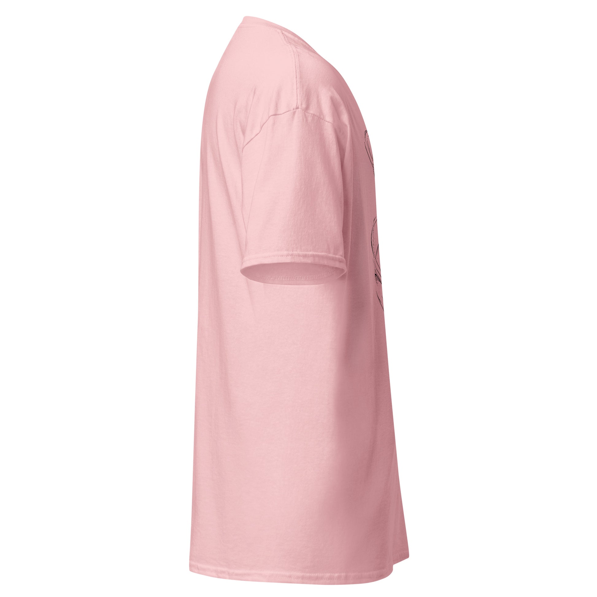 Right side view of the light pink Nine Sols Orbiting Focus Taopunk Motion graphic tee showing sleeve shape and straight silhouette