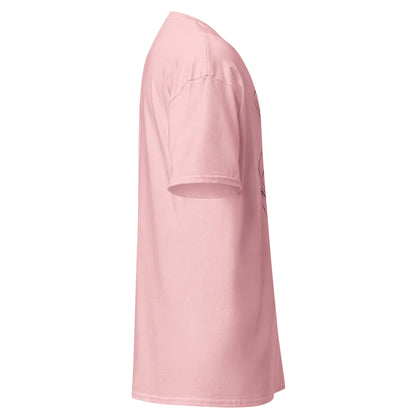 Right side view of the light pink Nine Sols Orbiting Focus Taopunk Motion graphic tee showing sleeve shape and straight silhouette
