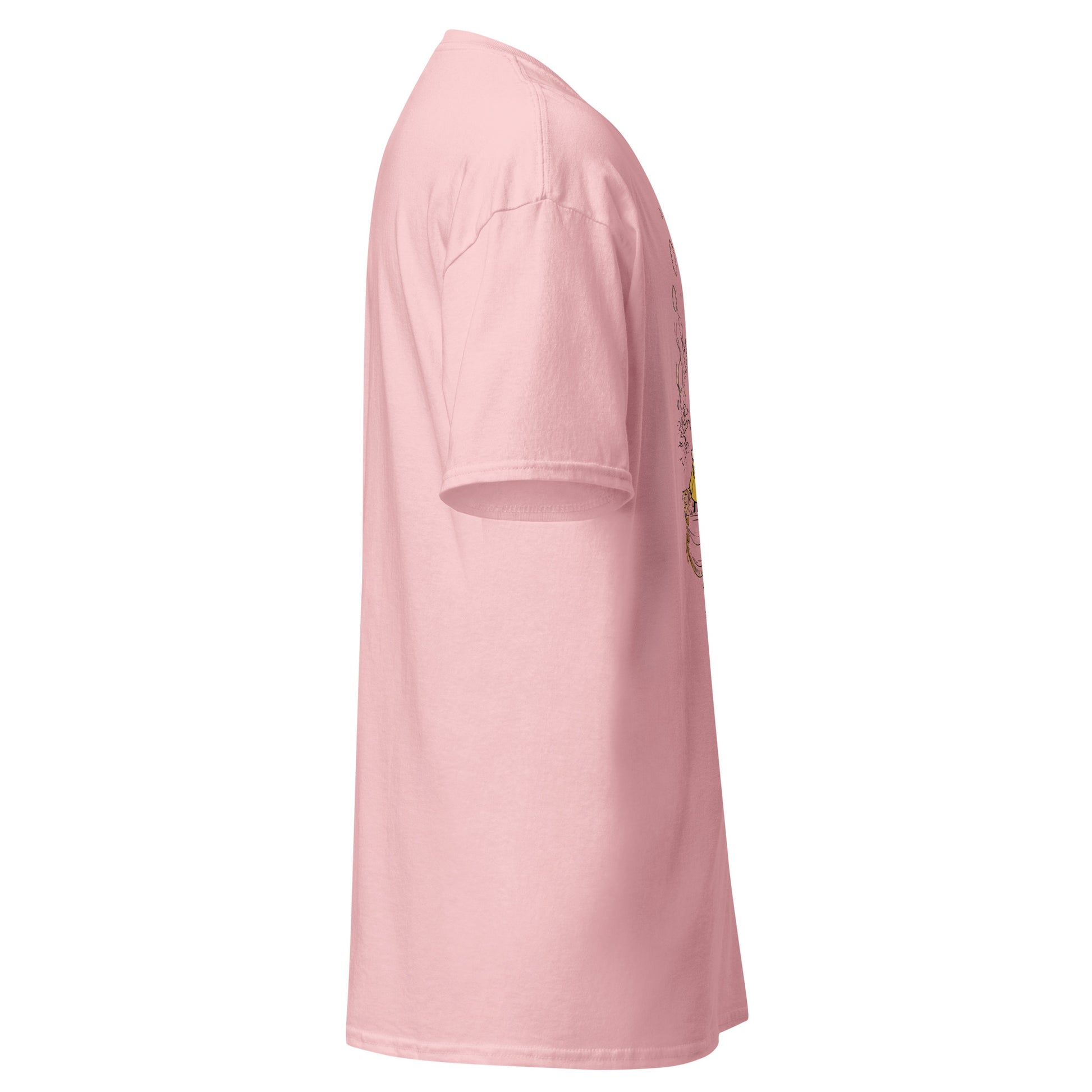 Right side view of the light pink Nine Sols Butterfly Tee Golden Echo showing sleeve shape and straight silhouette