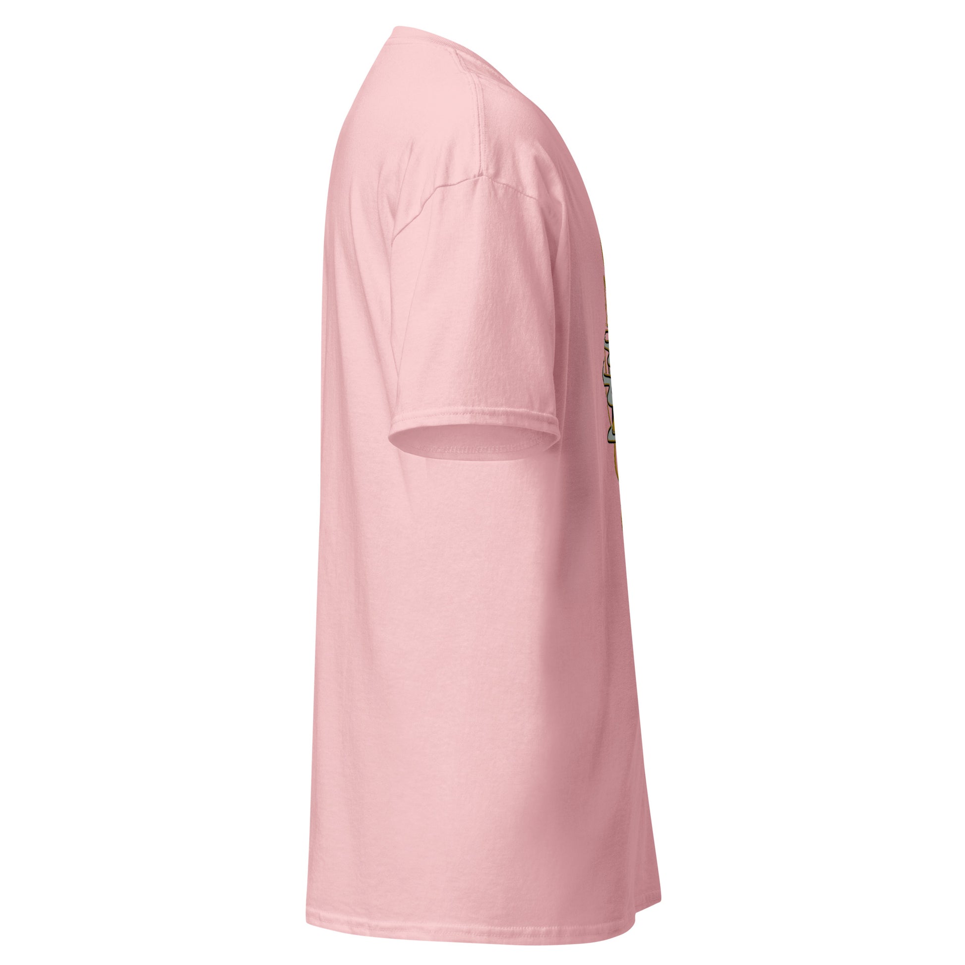 Right side view of the light pink Nine Sols Yin Yang Tee Balance Presence showing sleeve shape and straight silhouette