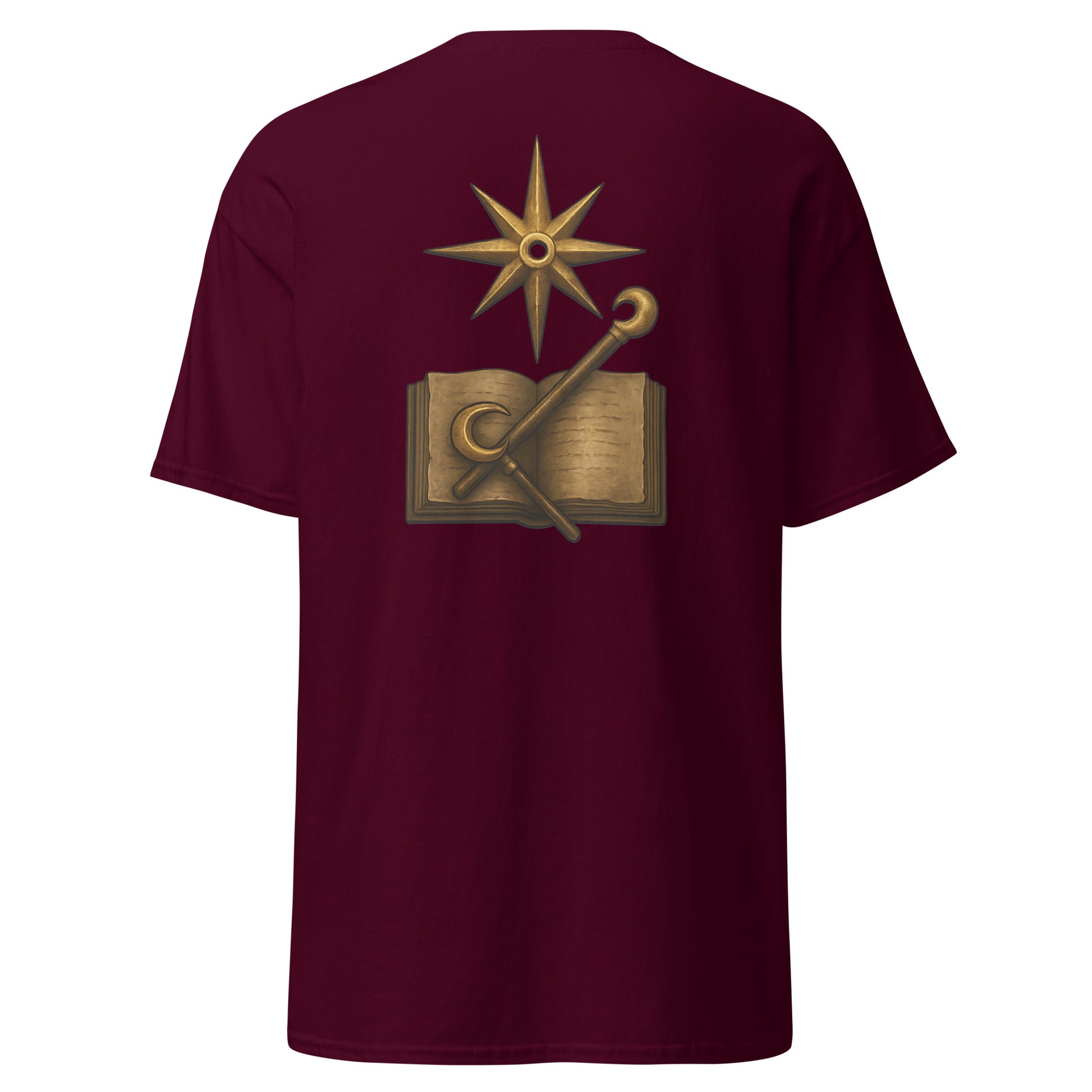 Back view of the Maroon Oblivion Mages Guild Shirt – Arcane Emblem Design with large Mages Guild emblem graphic