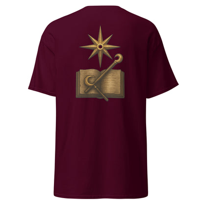 Back view of the Maroon Oblivion Mages Guild Shirt – Arcane Emblem Design with large Mages Guild emblem graphic