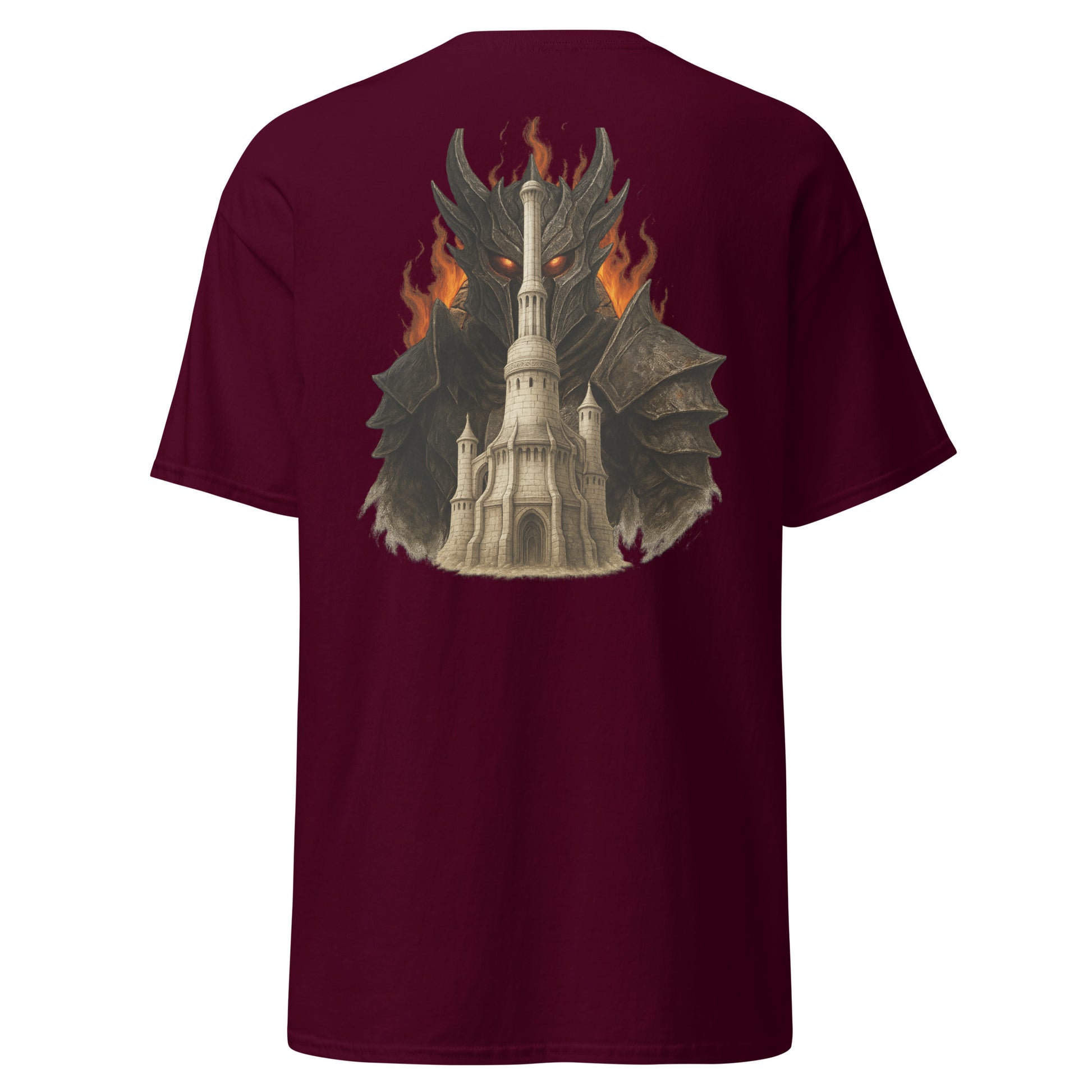 Back view of the Maroon Oblivion Imperial City Shirt – White Gold Tower Design with clean back and no visible print