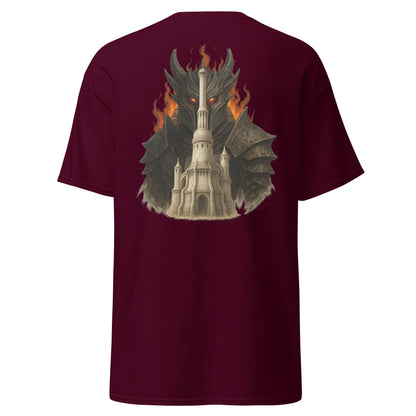 Back view of the Maroon Oblivion Imperial City Shirt – White Gold Tower Design with clean back and no visible print