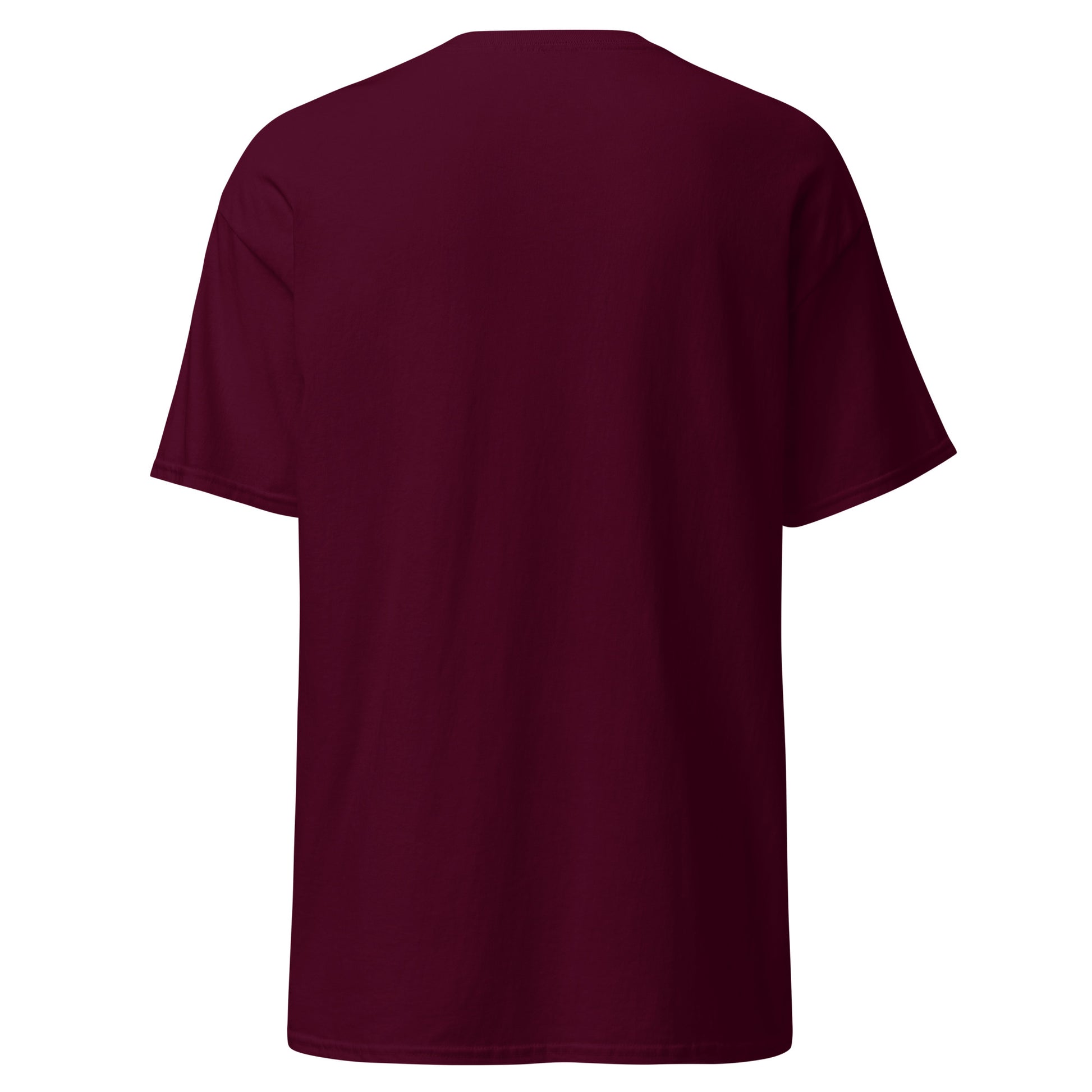 Back view of Maroon Crowsworn Crimson Scythe T-shirt with plain back and classic unisex fit.