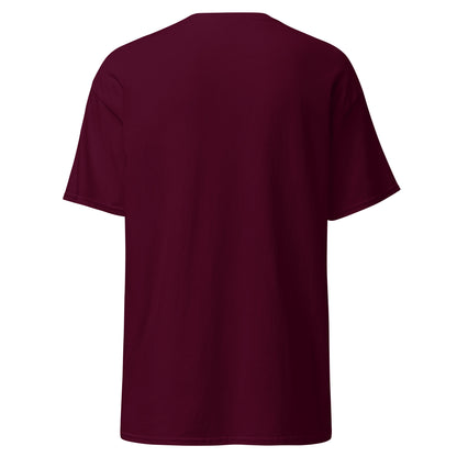 Back view of Maroon Crowsworn Crimson Scythe T-shirt with plain back and classic unisex fit.
