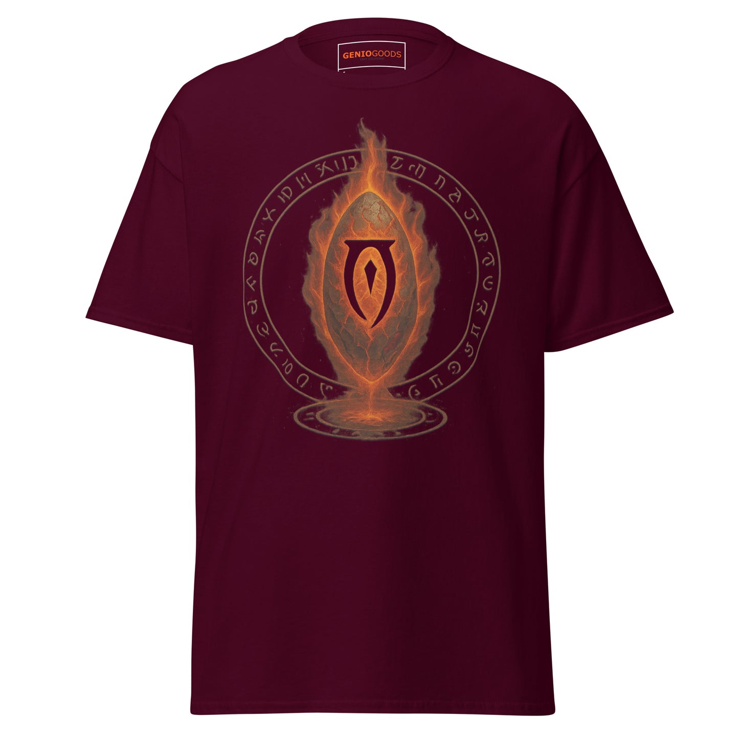 Front view of the Maroon Oblivion Gate T Shirt – Fiery Portal Design with large fiery portal graphic on the chest