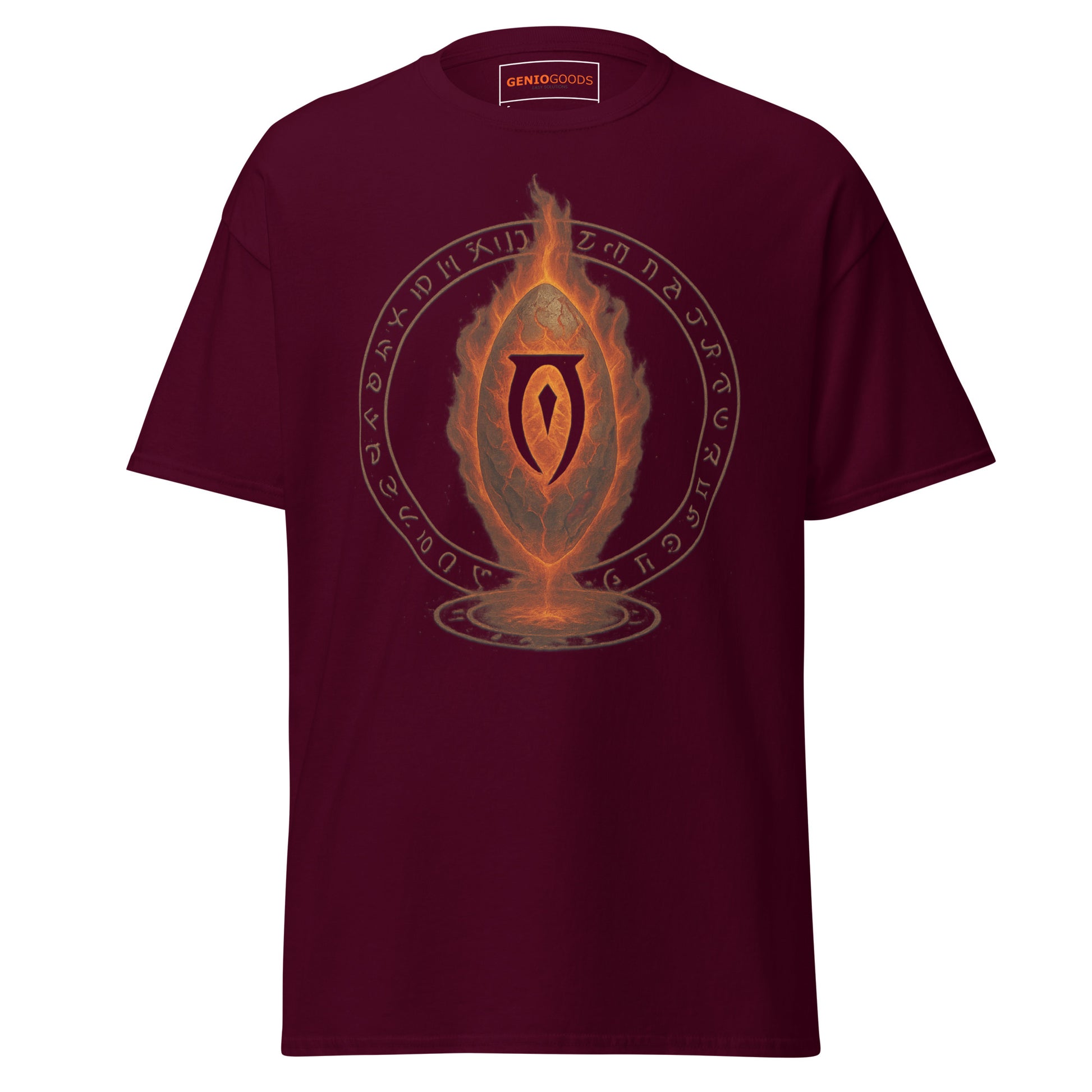 Front view of the Maroon Oblivion Gate T Shirt – Fiery Portal Design with large fiery portal graphic on the chest