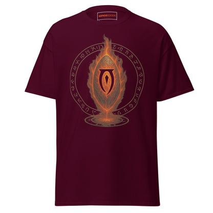 Front view of the Maroon Oblivion Gate T Shirt – Fiery Portal Design with large fiery portal graphic on the chest