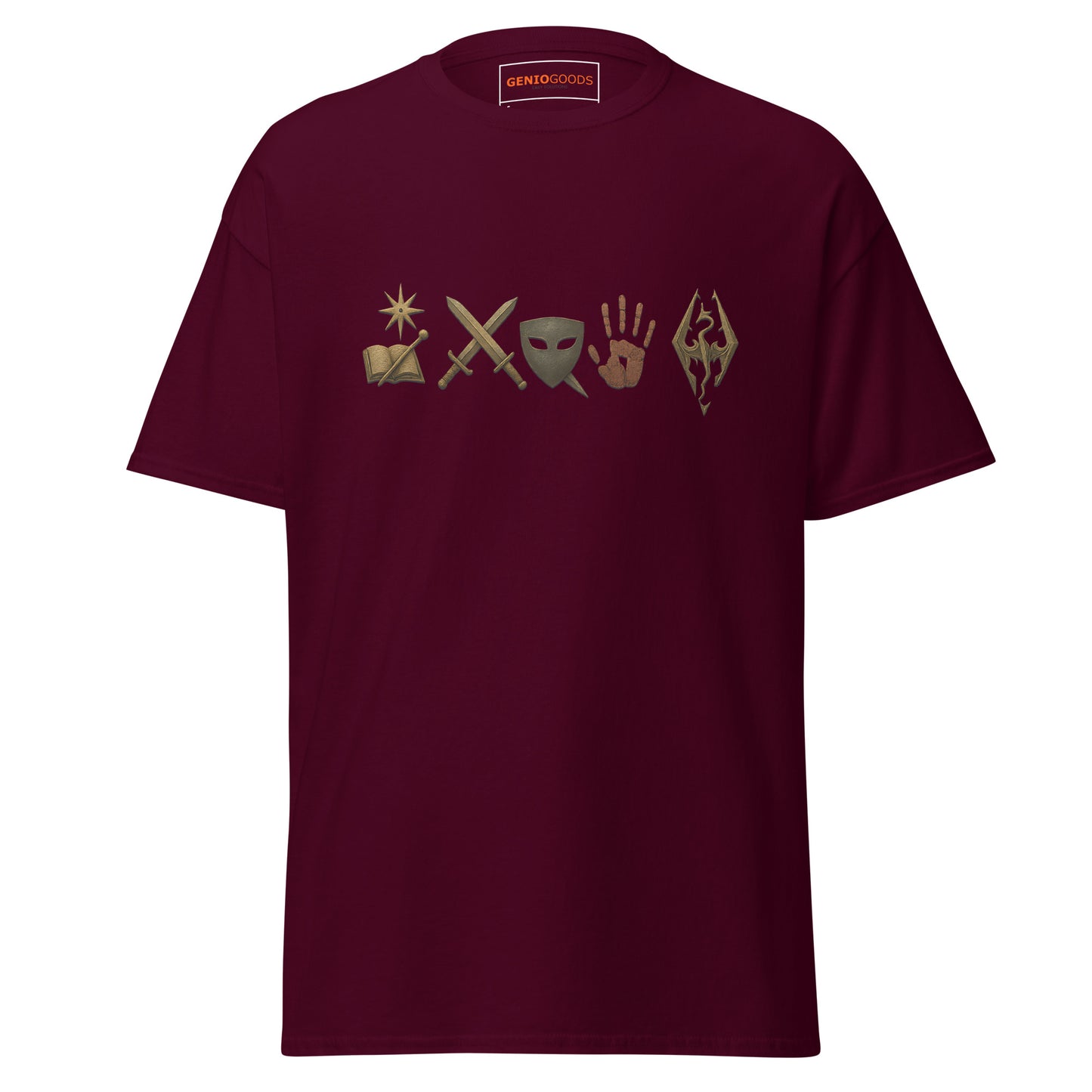 Front view of the Maroon Oblivion Mages Guild Shirt – Arcane Emblem Design with chest row of arcane symbols