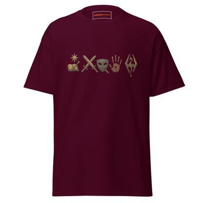 Front view of the Maroon Oblivion Mages Guild Shirt – Arcane Emblem Design with chest row of arcane symbols