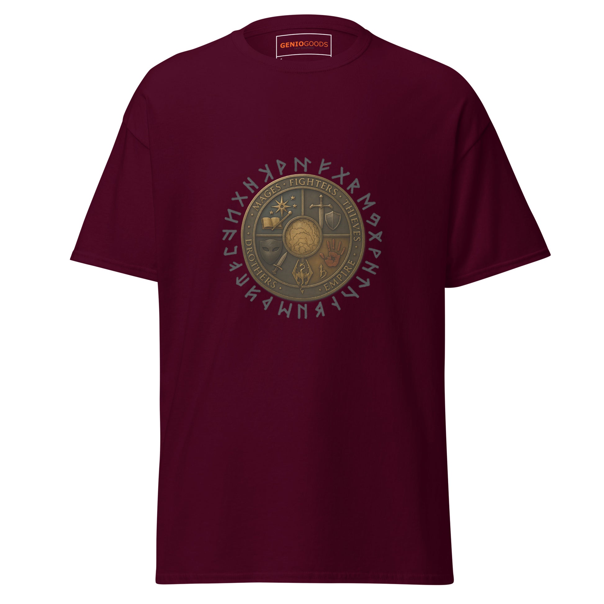 Front view of the Maroon Oblivion Guilds Shirt – Faction Crest Design with circular faction crest on the chest