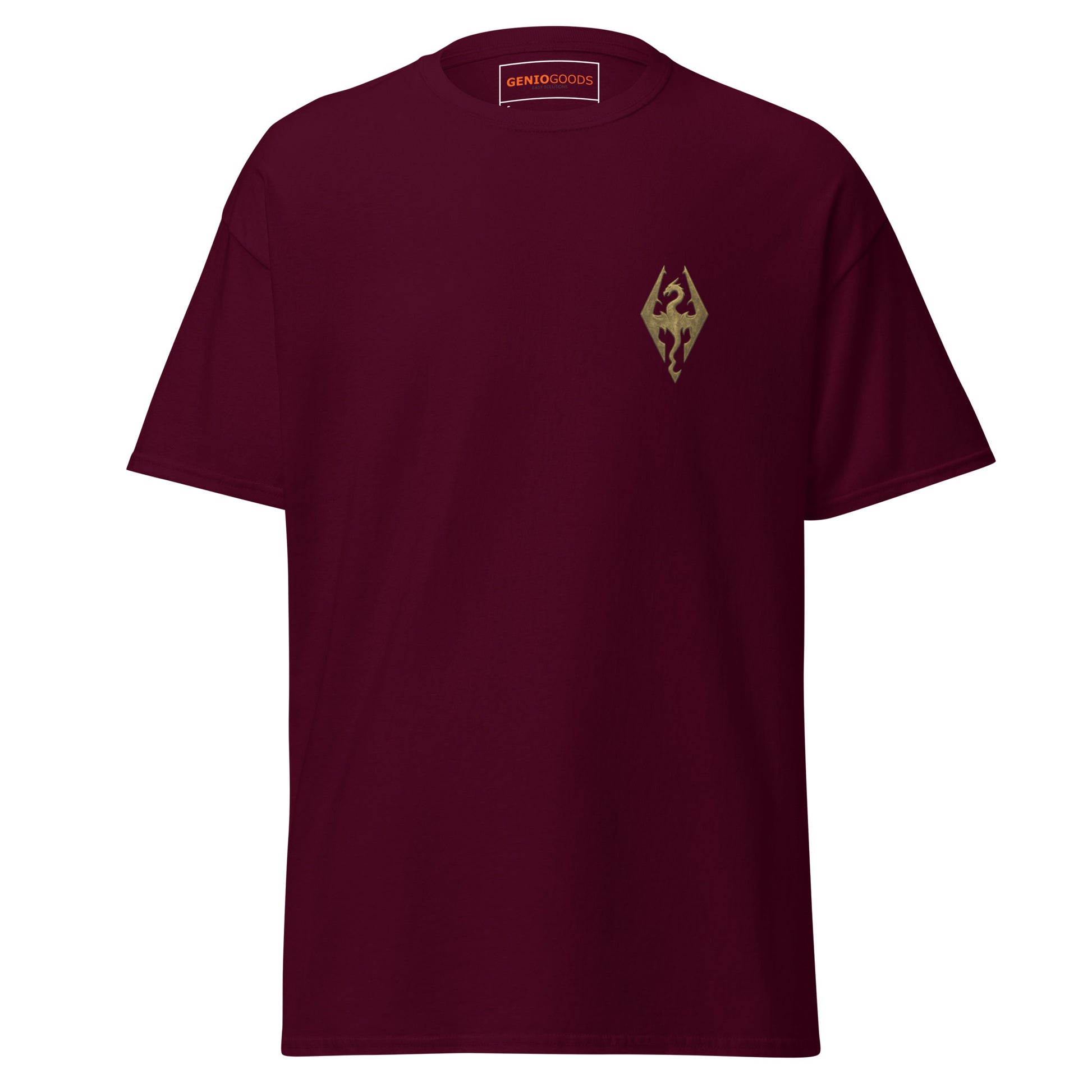 Front view of the Maroon Oblivion Imperial City Shirt – White Gold Tower Design with small chest emblem on the front