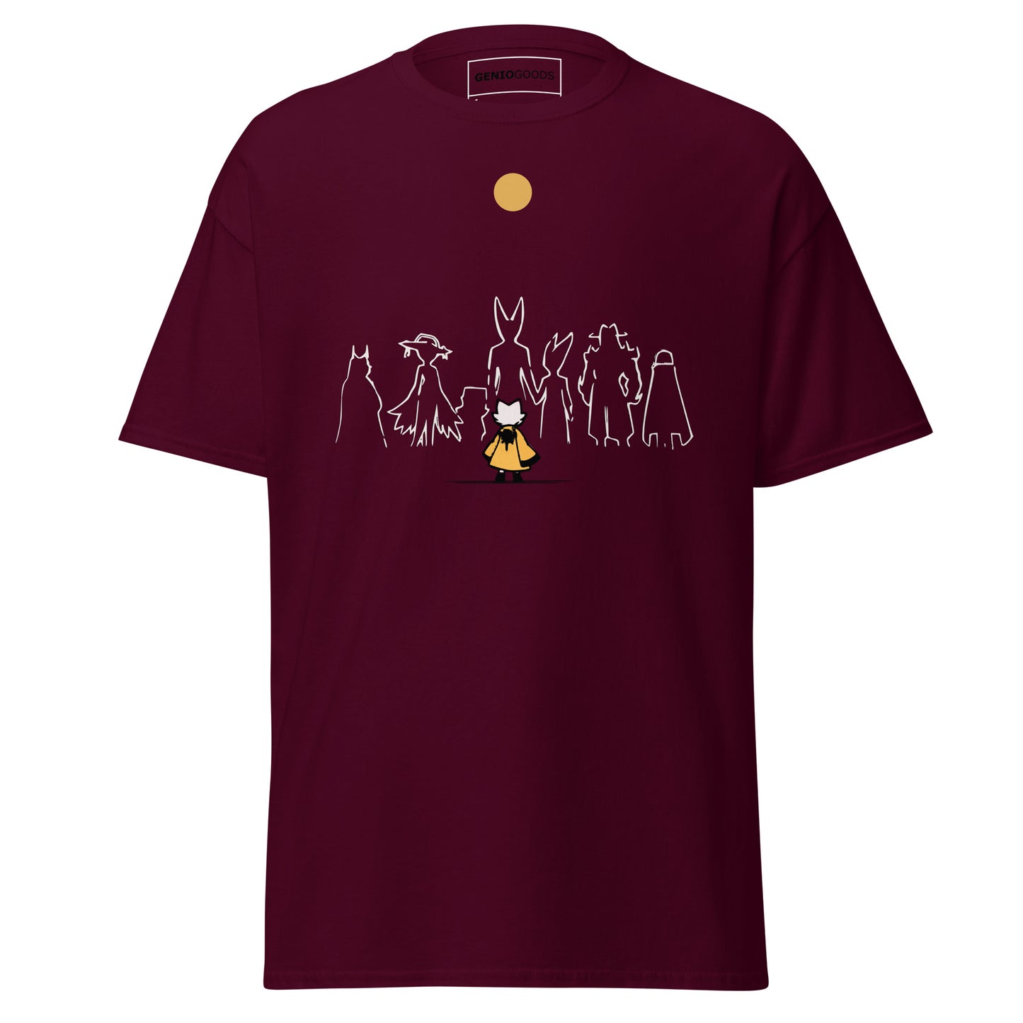 Front view of the maroon Nine Sols Under the Golden Sol character tee featuring a minimalist line art group beneath a golden sun