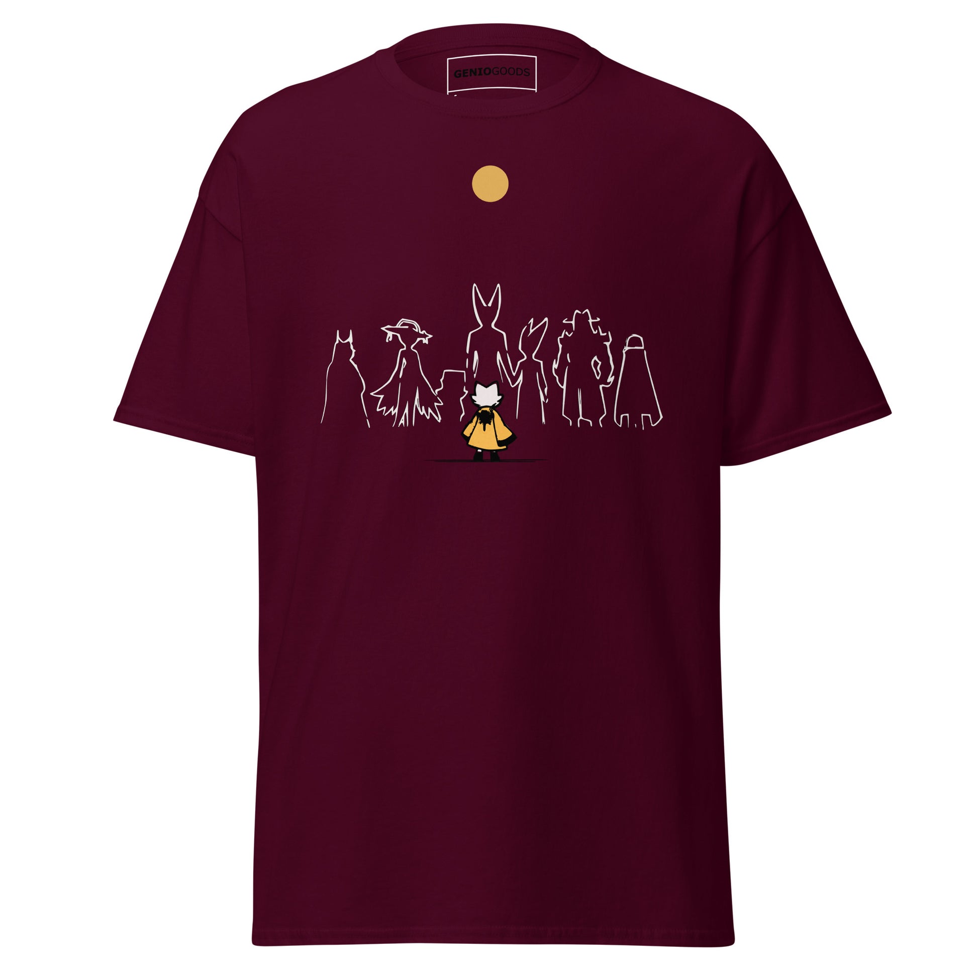 Front view of the maroon Nine Sols Under the Golden Sol character tee featuring a minimalist line art group beneath a golden sun
