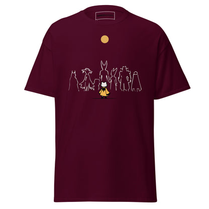 Front view of the maroon Nine Sols Under the Golden Sol character tee featuring a minimalist line art group beneath a golden sun