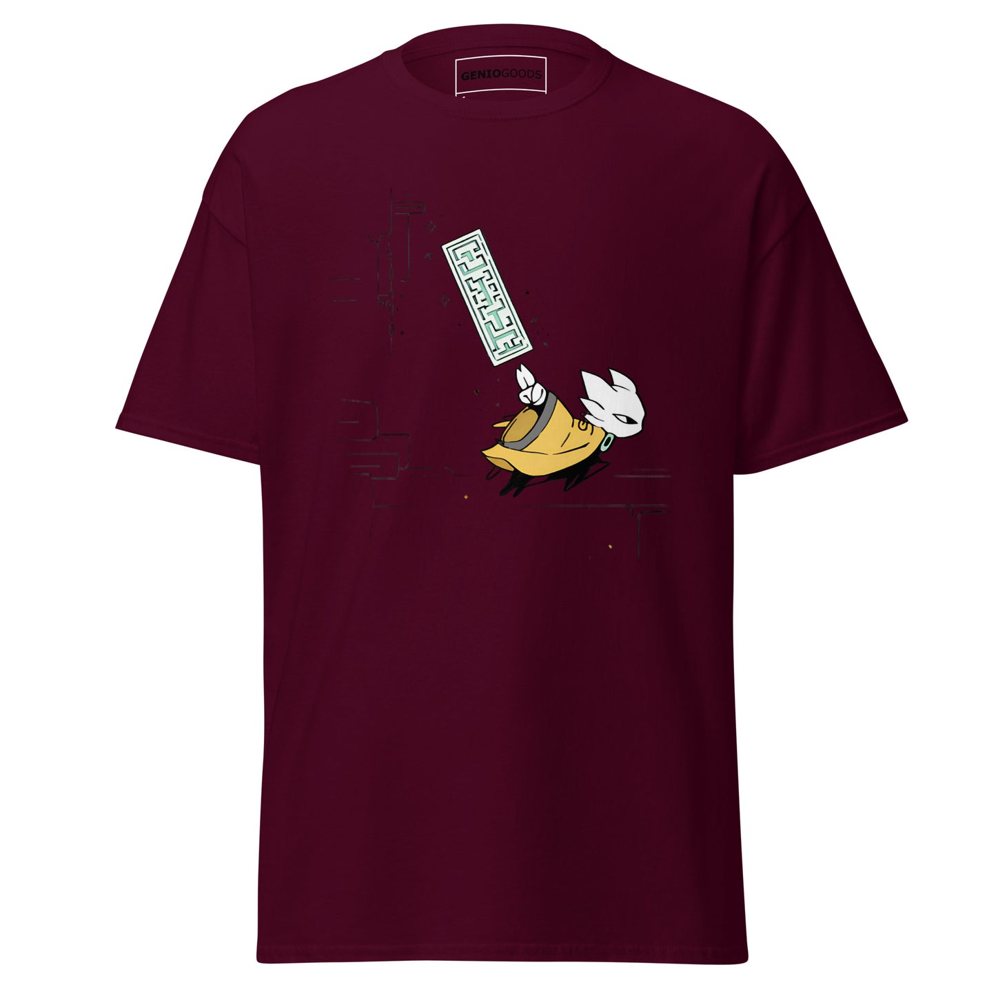 Front view of the maroon Nine Sols Action Tee Seal Motion featuring a minimalist seal graphic with motion detail