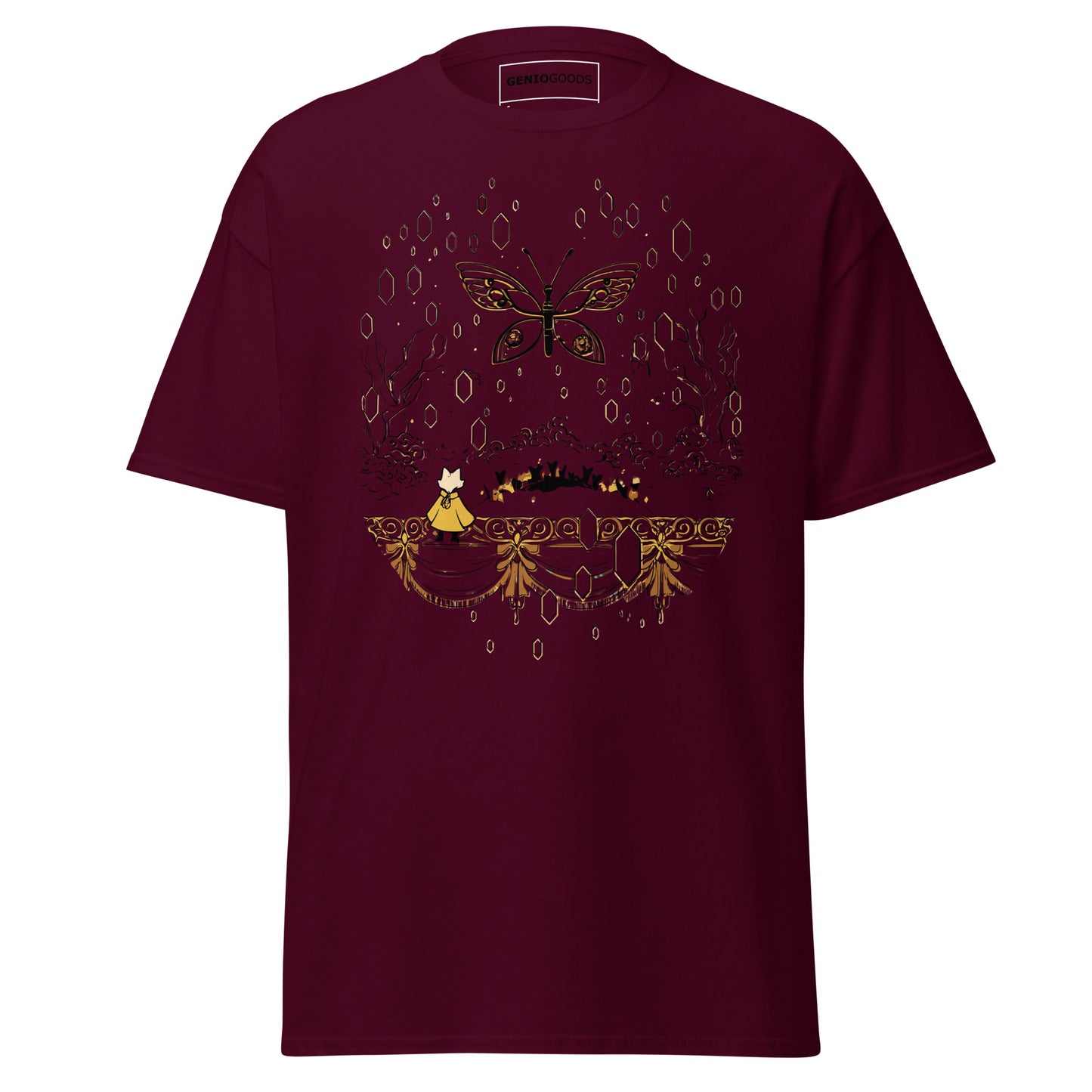 Front view of the maroon Nine Sols Butterfly Tee Golden Echo featuring a golden butterfly above an ornate shrine scene