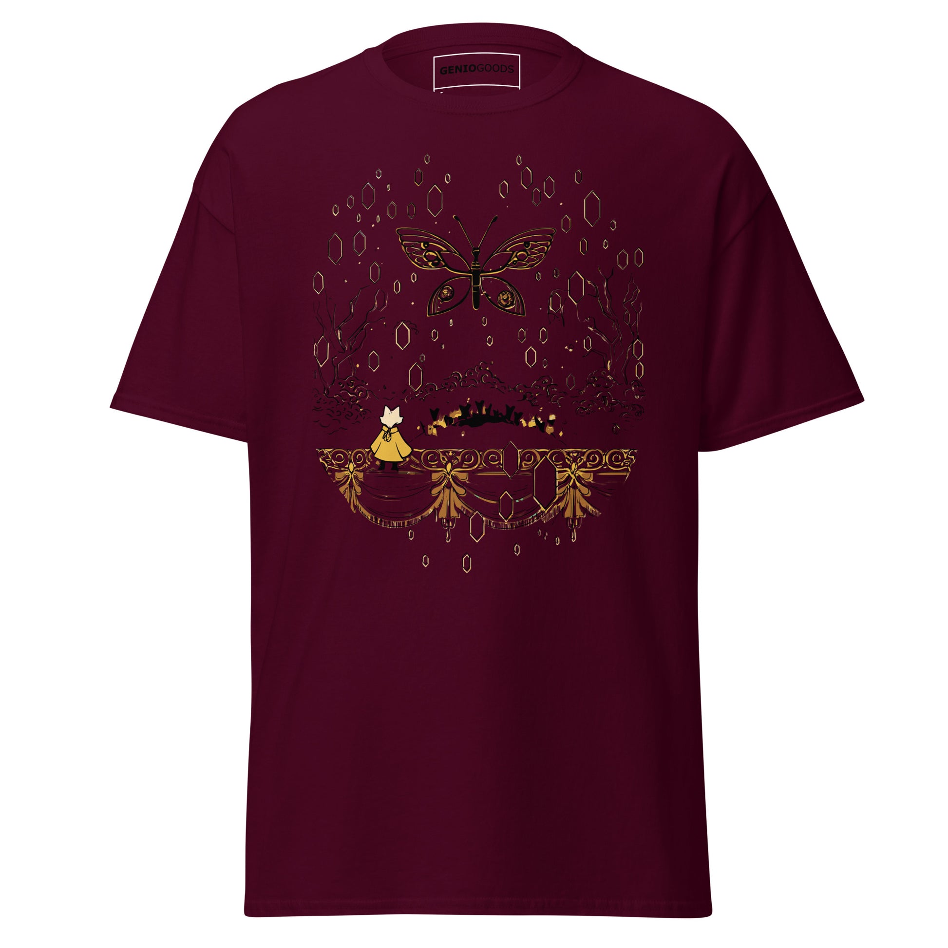 Front view of the maroon Nine Sols Butterfly Tee Golden Echo featuring a golden butterfly above an ornate shrine scene