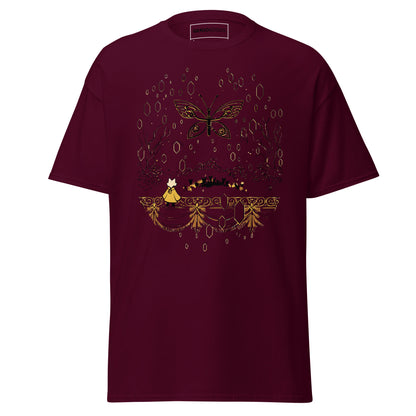 Front view of the maroon Nine Sols Butterfly Tee Golden Echo featuring a golden butterfly above an ornate shrine scene