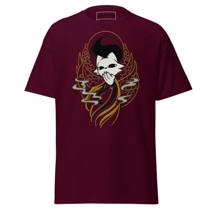 Front view of the maroon Nine Sols Yin Yang Tee Balance Presence featuring a yin yang skull graphic with golden line details