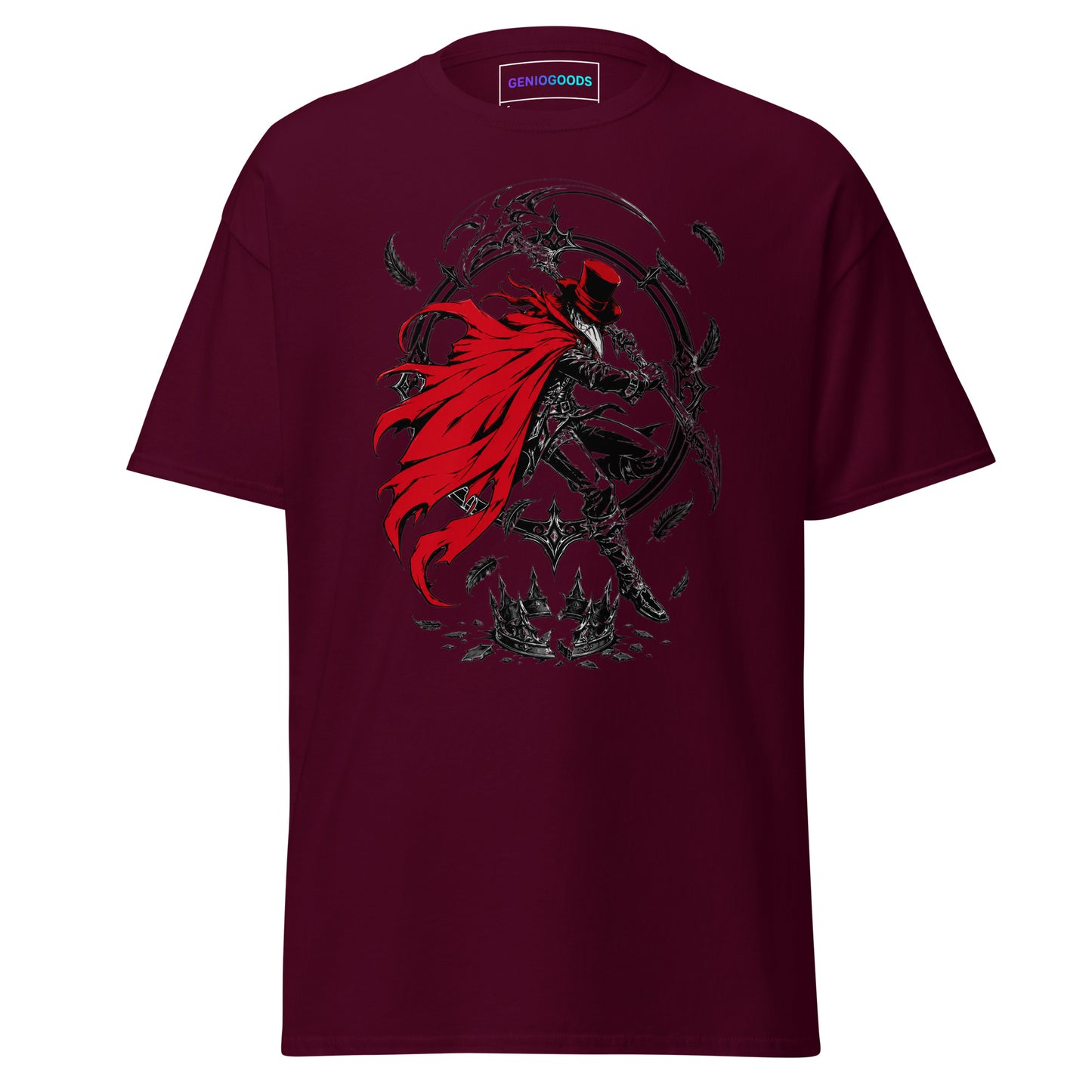Maroon Crowsworn Crimson Scythe T-shirt with red-caped warrior, raised scythe, dark feathers and gothic fantasy artwork.