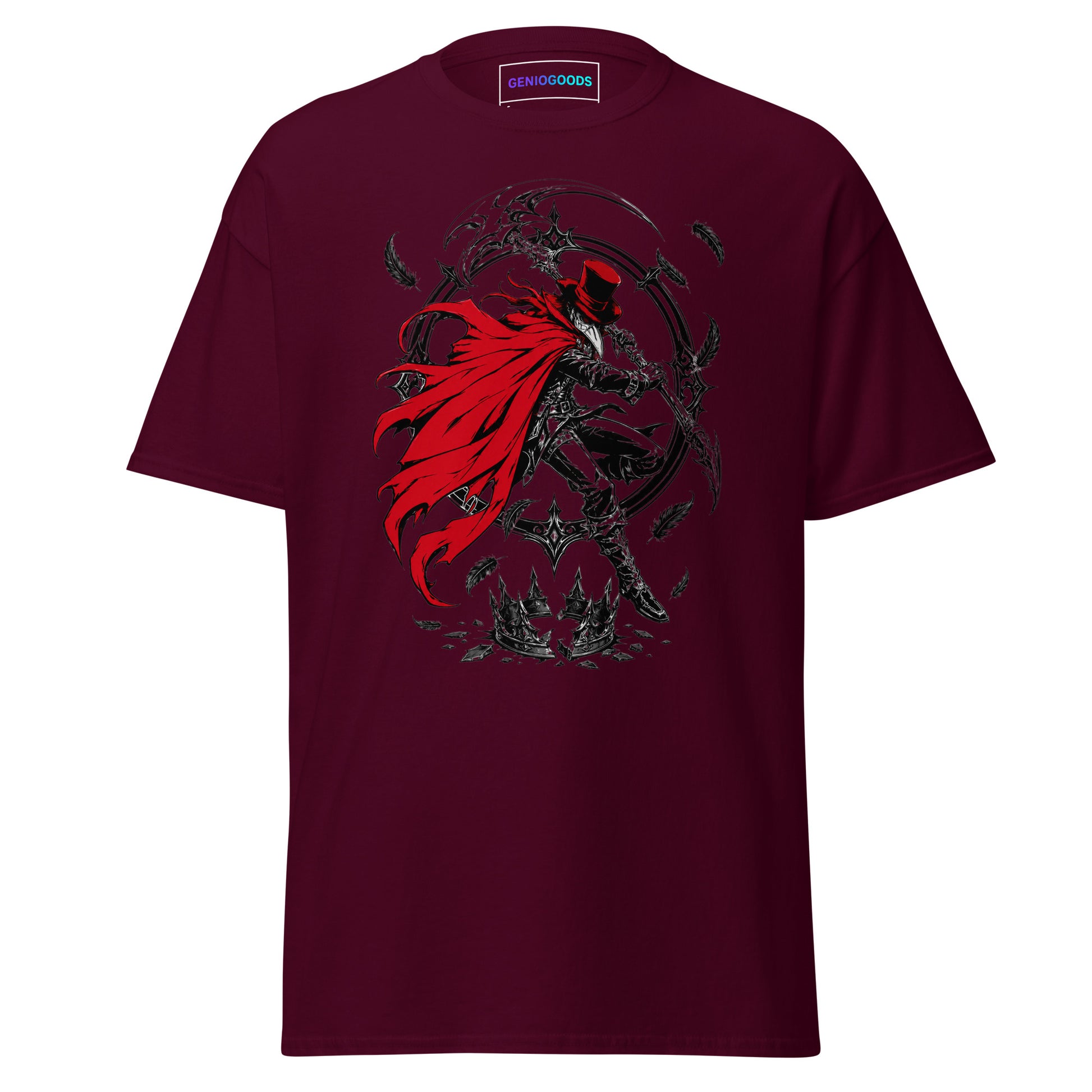 Maroon Crowsworn Crimson Scythe T-shirt with red-caped warrior, raised scythe, dark feathers and gothic fantasy artwork.