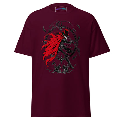 Maroon Crowsworn Crimson Scythe T-shirt with red-caped warrior, raised scythe, dark feathers and gothic fantasy artwork.