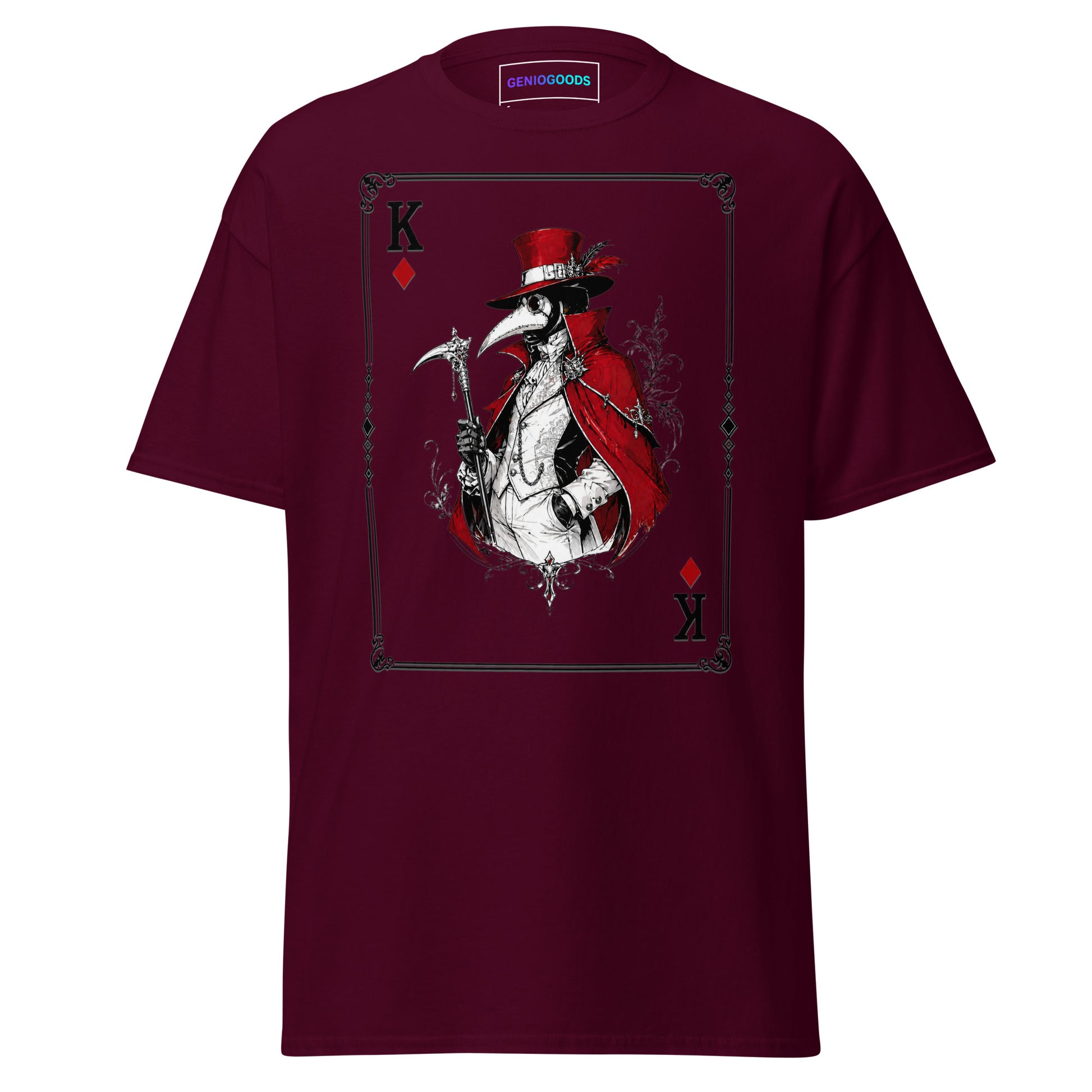 Front view of the Maroon Crowsworn Masked King T-shirt with crimson card graphic