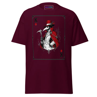 Front view of the Maroon Crowsworn Masked King T-shirt with crimson card graphic