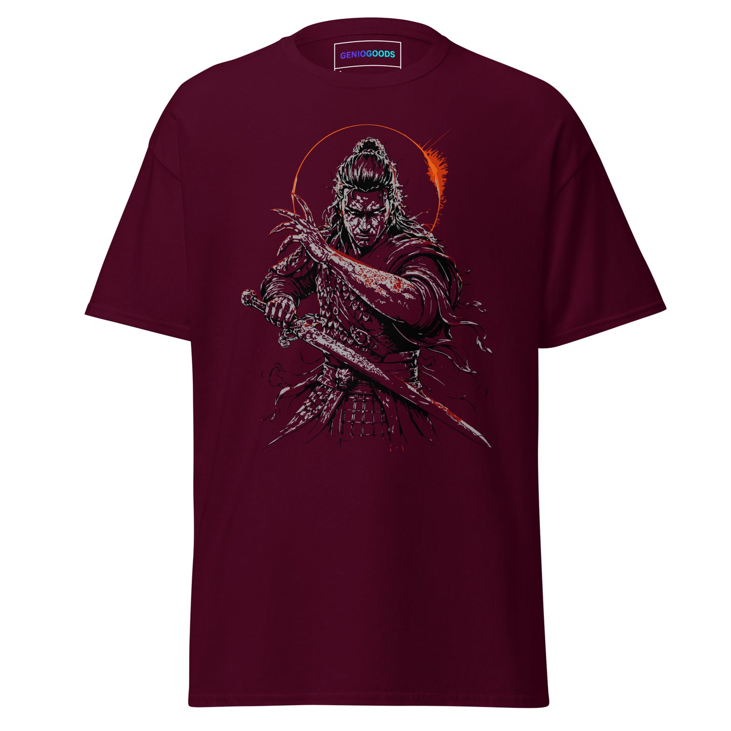 Front view of The Blood of Dawnwalker Coen Sword T-Shirt with Coen blade artwork on a maroon tee