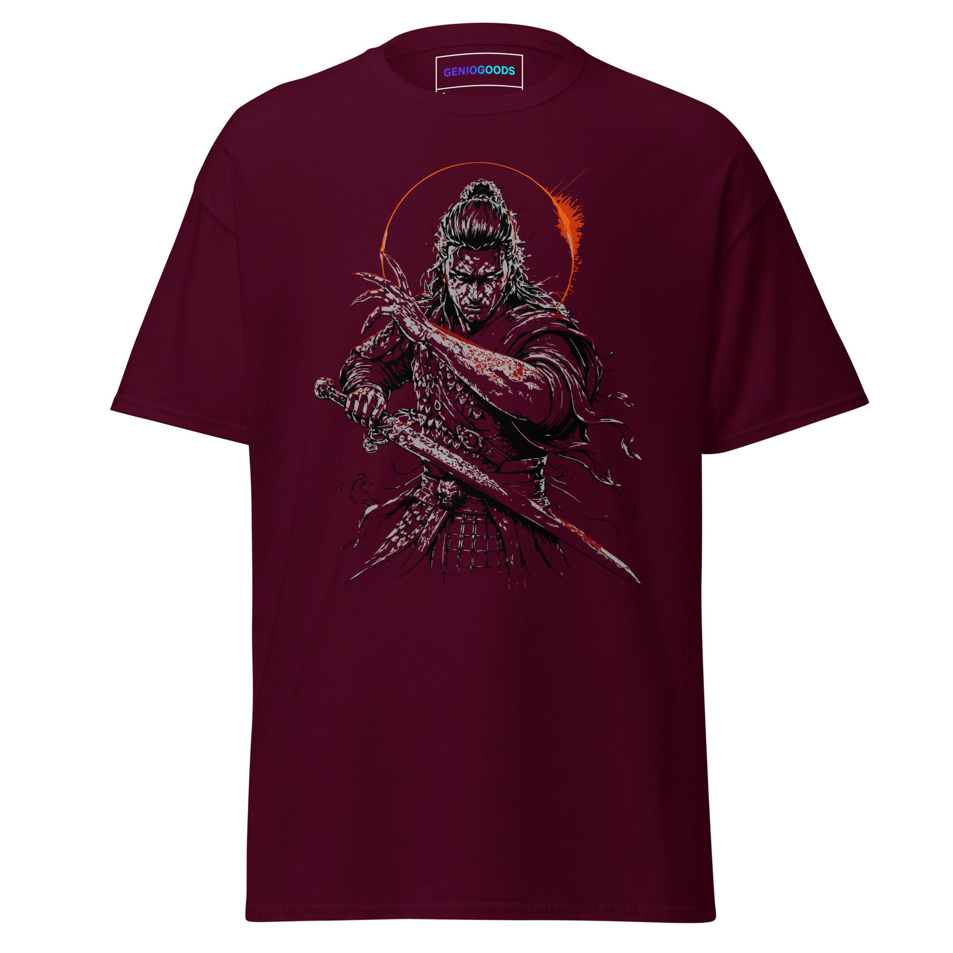 Front view of The Blood of Dawnwalker Coen Sword T-Shirt with Coen blade artwork on a maroon tee