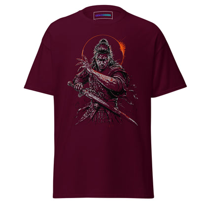 Front view of The Blood of Dawnwalker Coen Sword T-Shirt with Coen blade artwork on a maroon tee