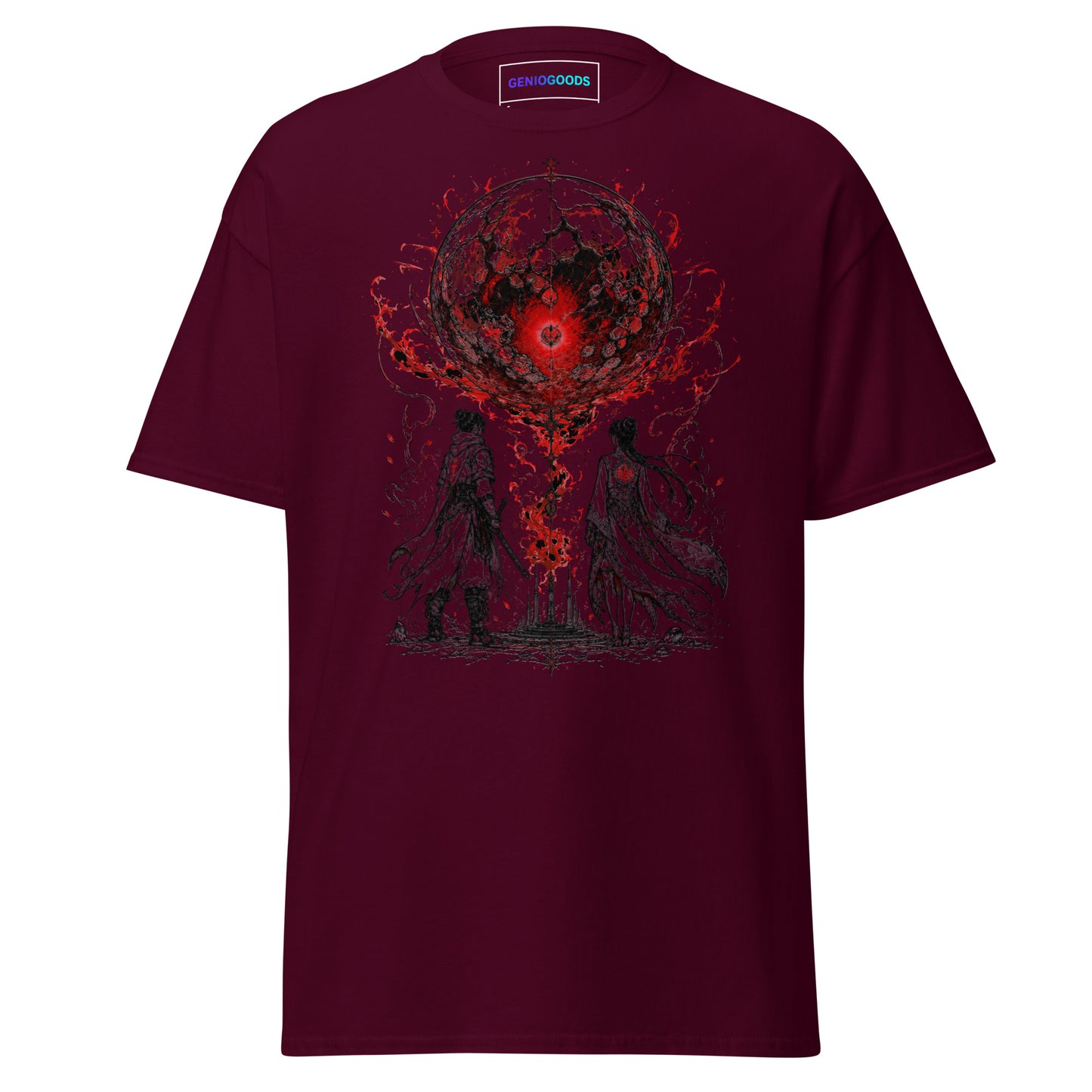 Front view of The Blood of Dawnwalker Crimson Eclipse T-Shirt with crimson eclipse artwork across the front of the tee