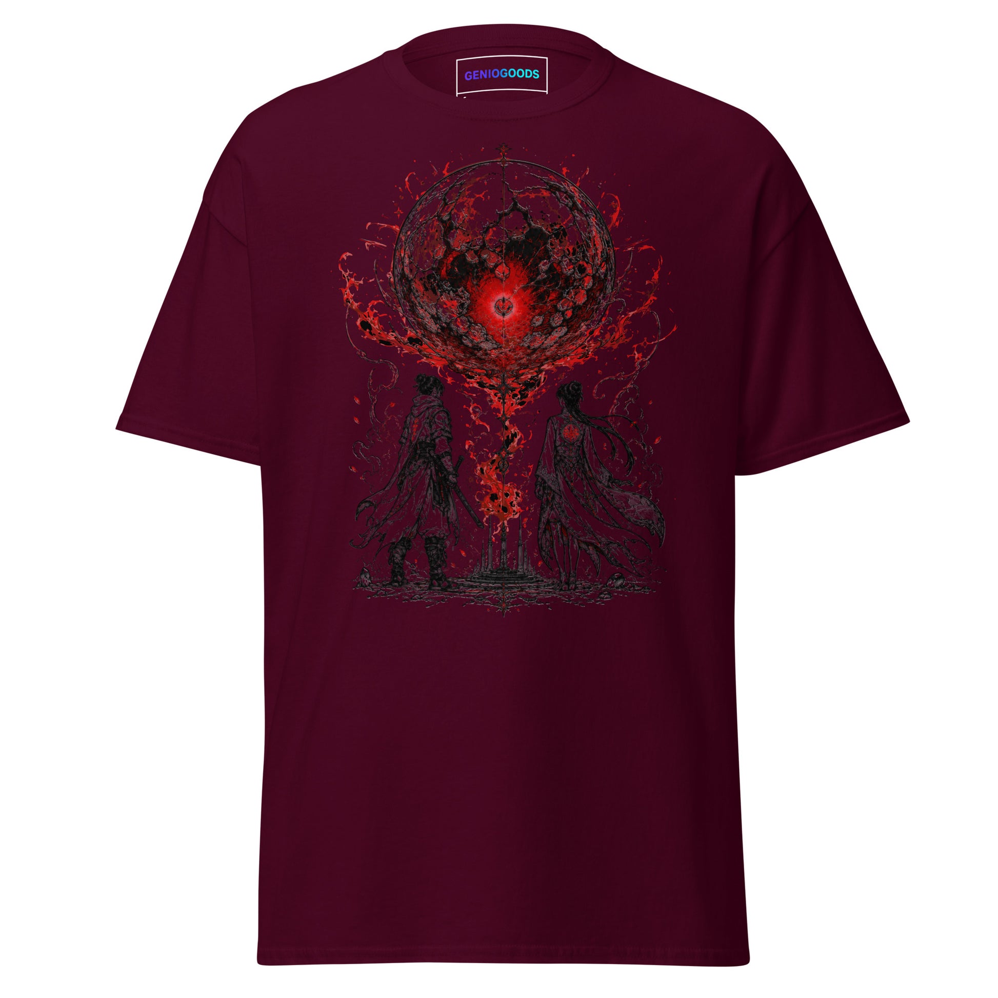 Front view of The Blood of Dawnwalker Crimson Eclipse T-Shirt with crimson eclipse artwork across the front of the tee
