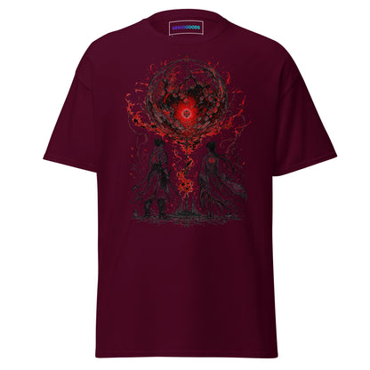 Front view of The Blood of Dawnwalker Crimson Eclipse T-Shirt with crimson eclipse artwork across the front of the tee