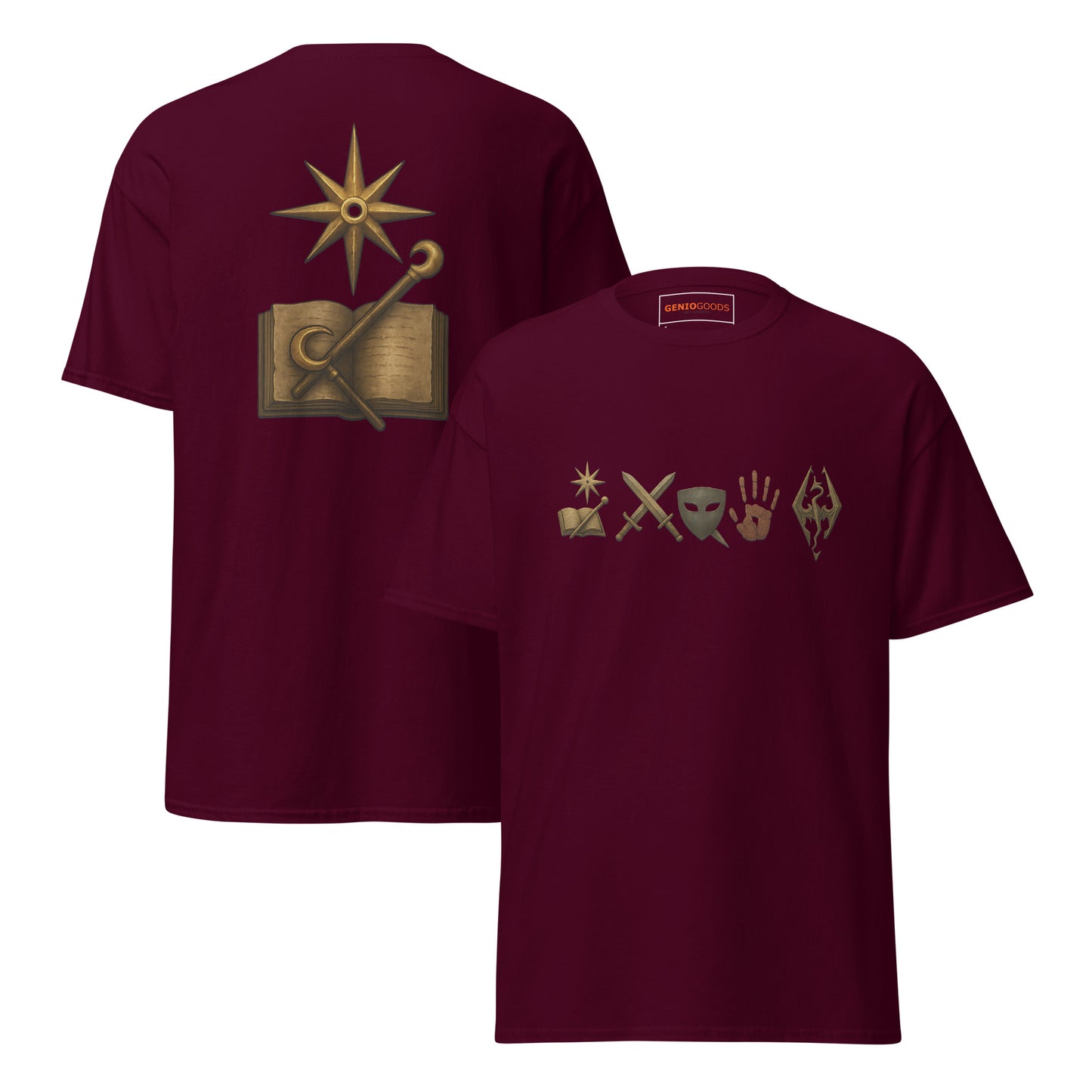 Front and back view of the Maroon Oblivion Mages Guild Shirt – Arcane Emblem Design with chest symbols and large back graphic