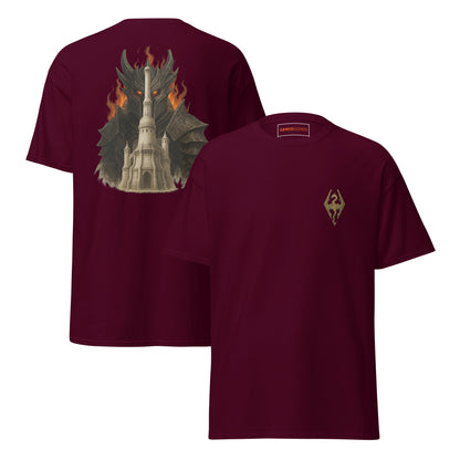 Front and back view of the Maroon Oblivion Imperial City Shirt – White Gold Tower Design with chest sigil and large White Gold Tower back graphic