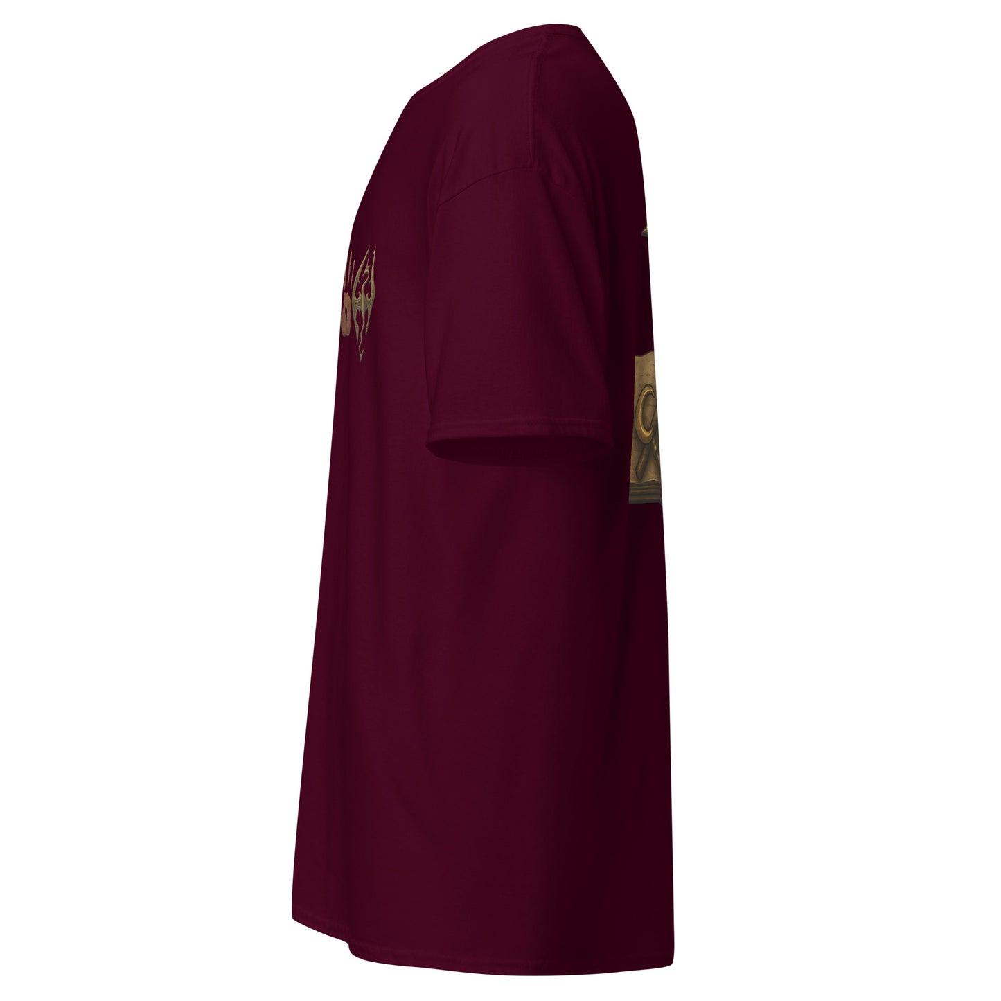 Left side view of the Maroon Oblivion Mages Guild Shirt – Arcane Emblem Design highlighting side silhouette and fit