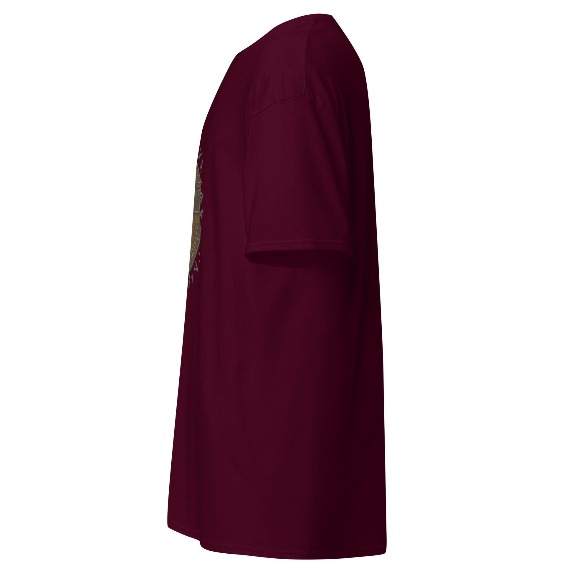 Left side view of the Maroon Oblivion Guilds Shirt – Faction Crest Design highlighting side silhouette and fit