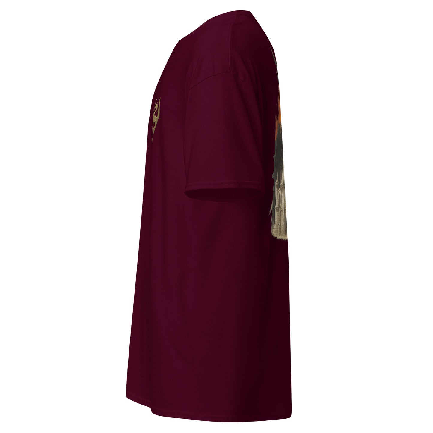 Left side view of the Maroon Oblivion Imperial City Shirt – White Gold Tower Design highlighting side silhouette and fit
