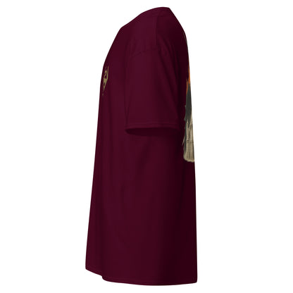 Left side view of the Maroon Oblivion Imperial City Shirt – White Gold Tower Design highlighting side silhouette and fit