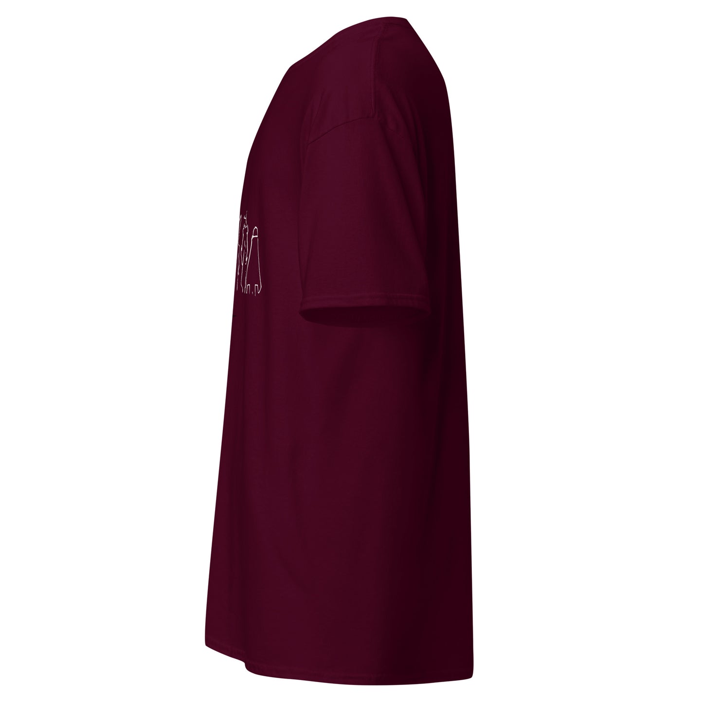 Left side view of the maroon Nine Sols Under the Golden Sol character tee with partial front design visible along the side