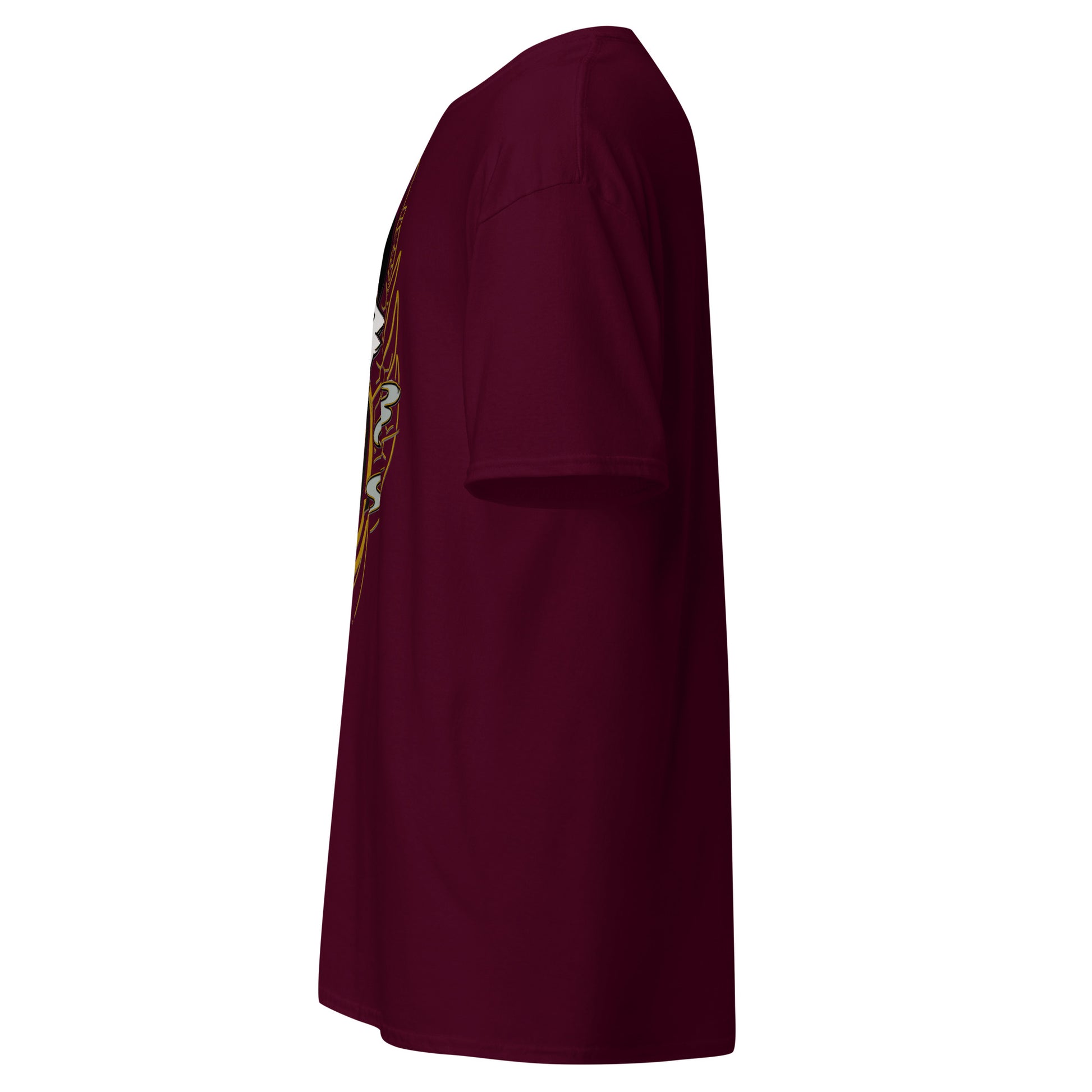 Left side view of the maroon Nine Sols Yin Yang Tee Balance Presence with partial front design visible along the side